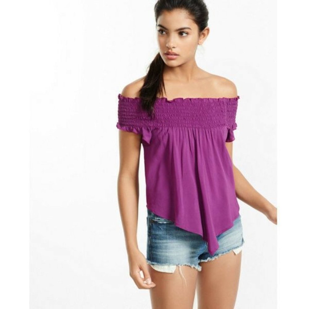 Express XS Purple Smocked Off The Shoulder Blouse asymmetrical hem top (0-2) - Picture 2 of 8